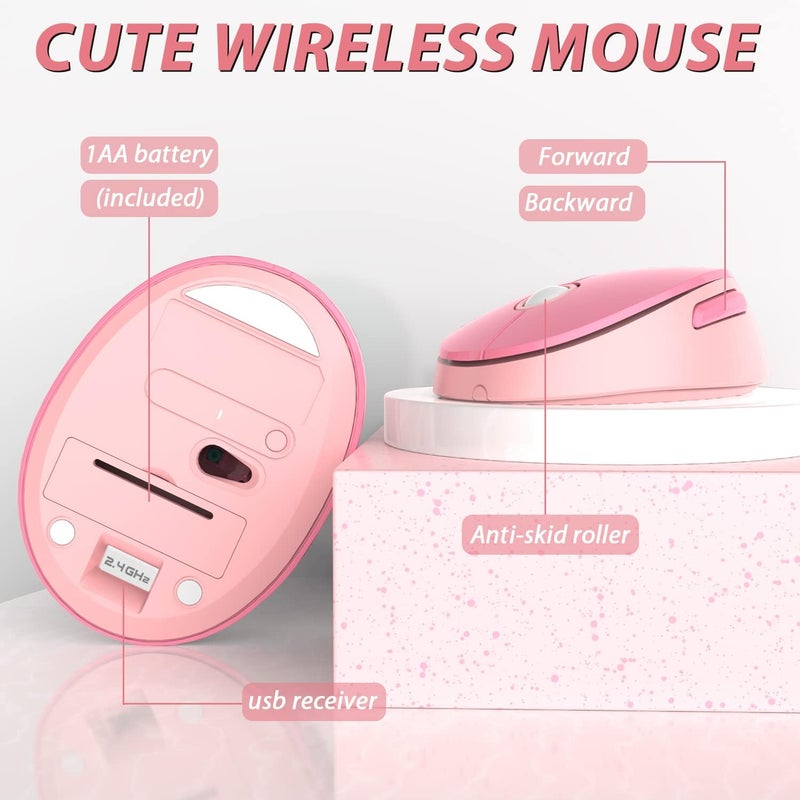 Kootop Cute Pink Wireless Keyboard and Mouse, 2.4G Retro Round Keycap for PC, Mac, Laptop, Tablet, Computer Windows - Image 2